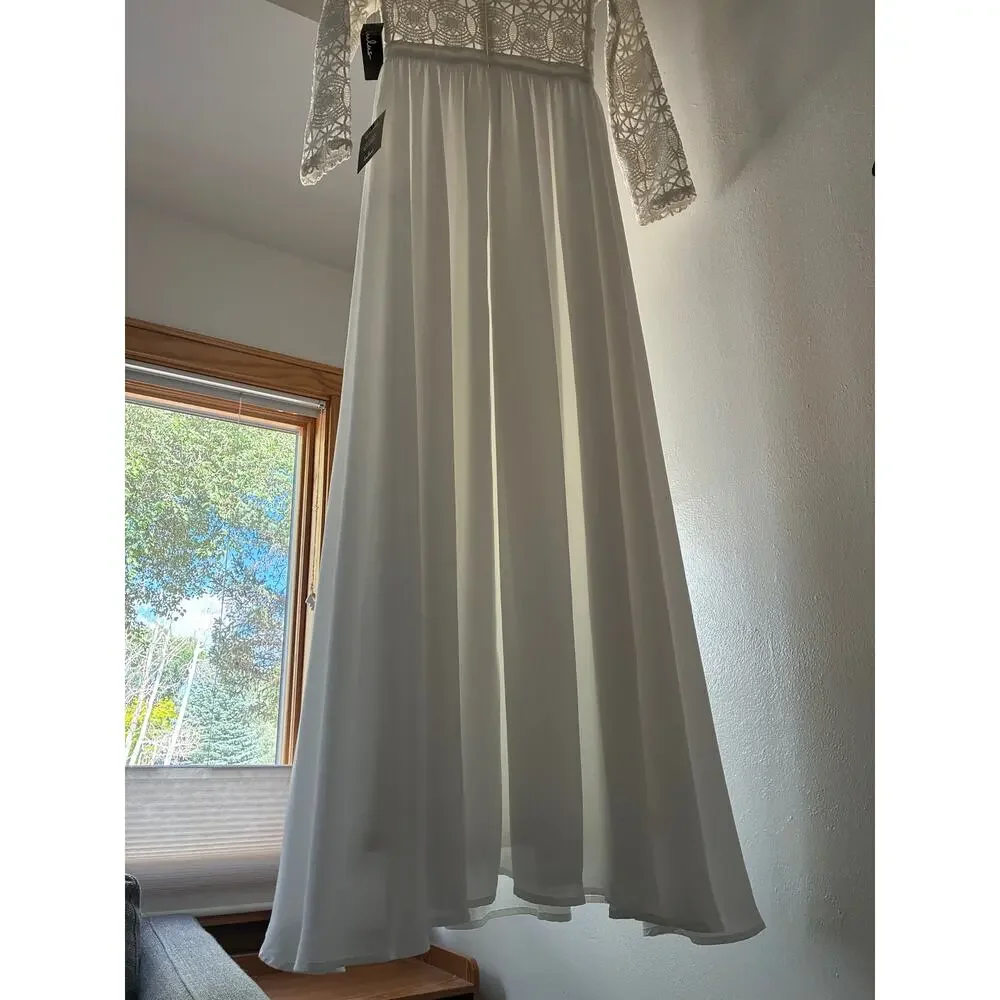 Lulus White/Off-White Lace Maxi Bridal Wedding Dress High Neck Long Sleeve Small - Picture 3 of 14
